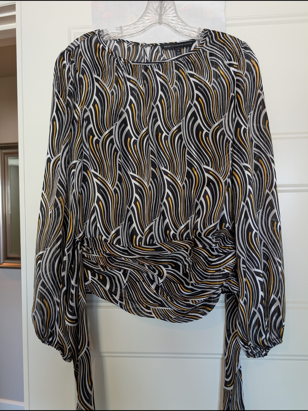 White House Black Market Black, White & Yellow Wave-Print Long Sleeve Blouse